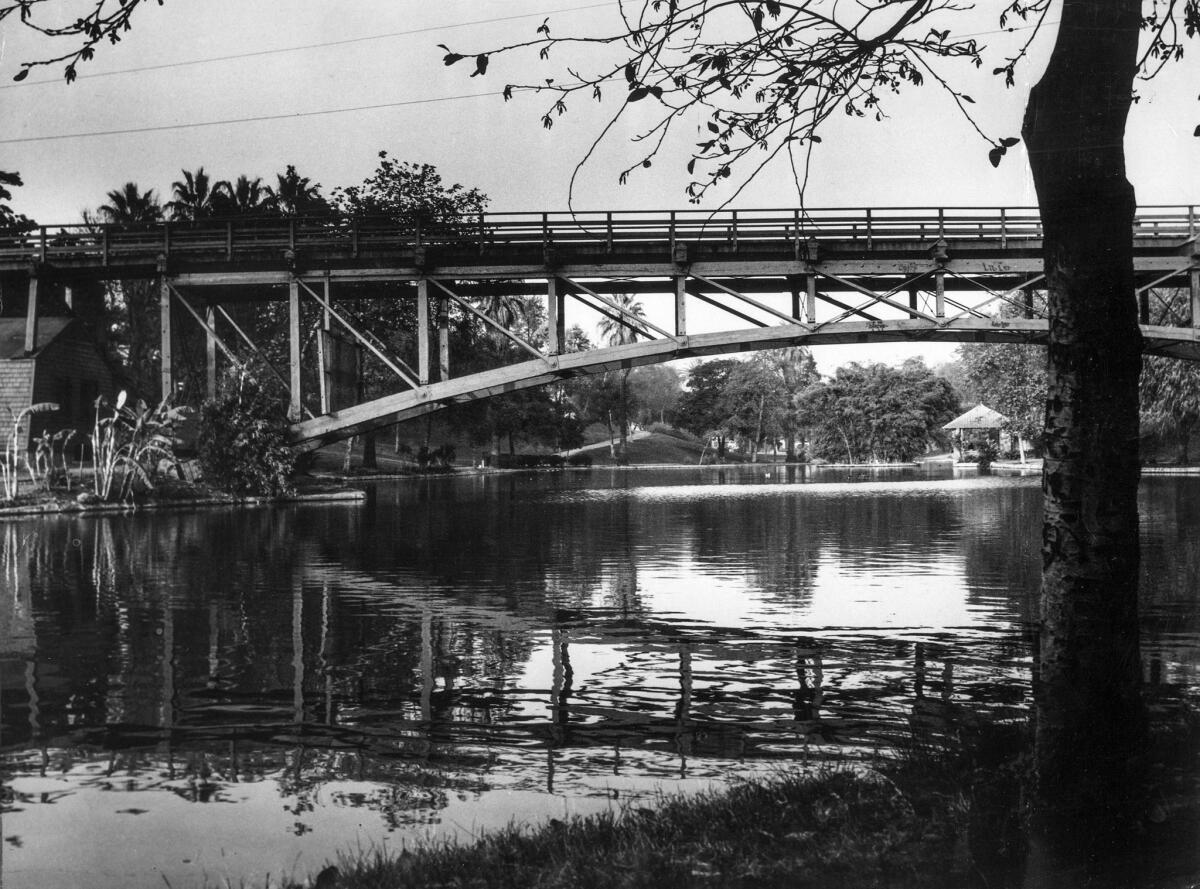 December 1955: This image of the lake and bridge at Hollenbeck Park in Boyle Heights was used in The Times' Know Your City photography series.