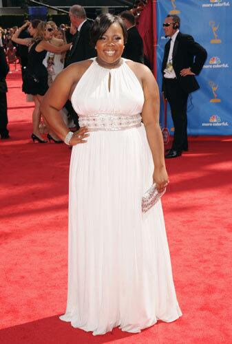 'Glee' actress Amber Riley walks the red carpet at the 2010 Emmy Awards.