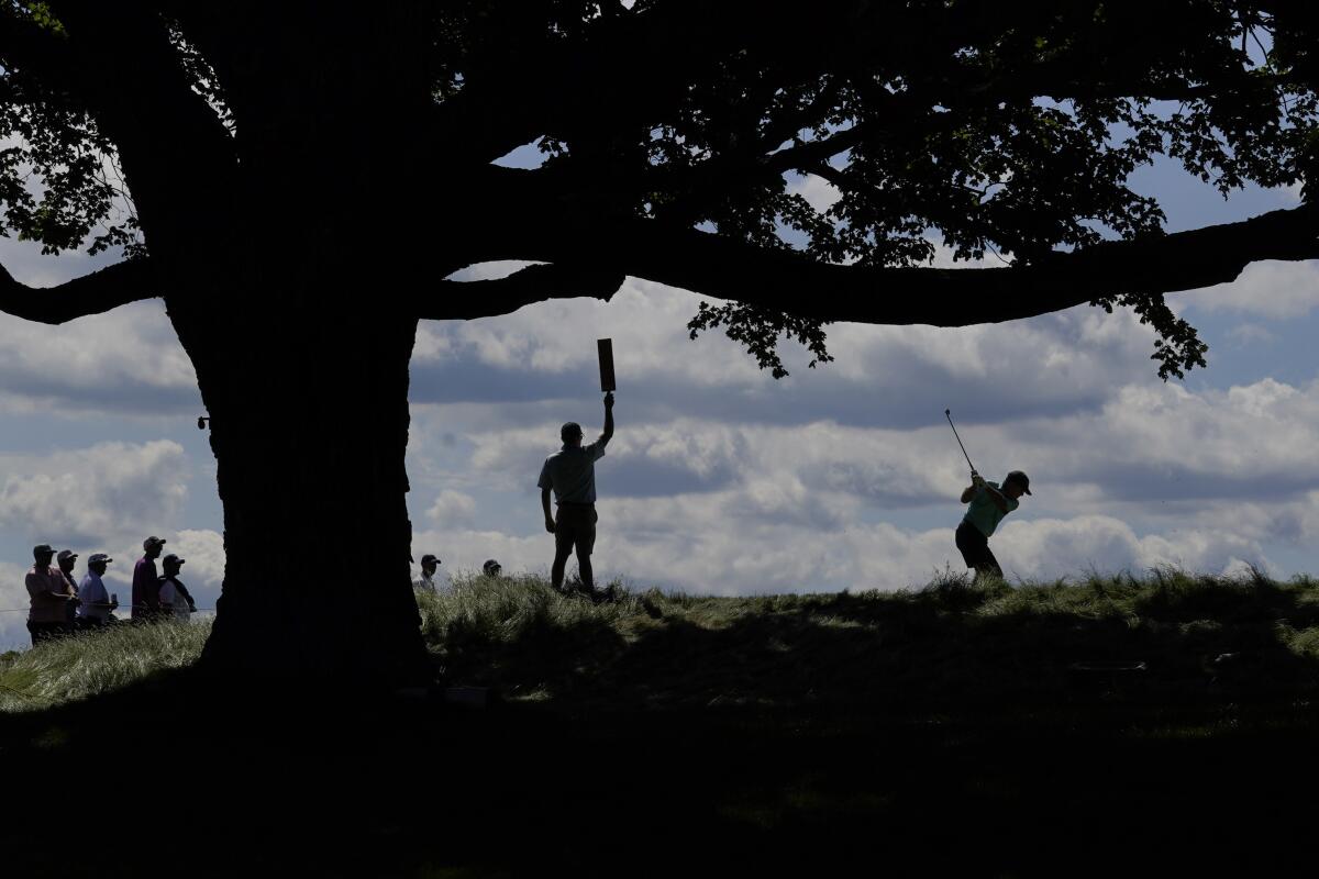 Fran Quinn hits on the sixth hole during a practice round for the U.S. Open golf tournament at The Country Club, Wednesday, June 15, 2022, in Brookline, Mass. (AP Photo/Robert F. Bukaty)
