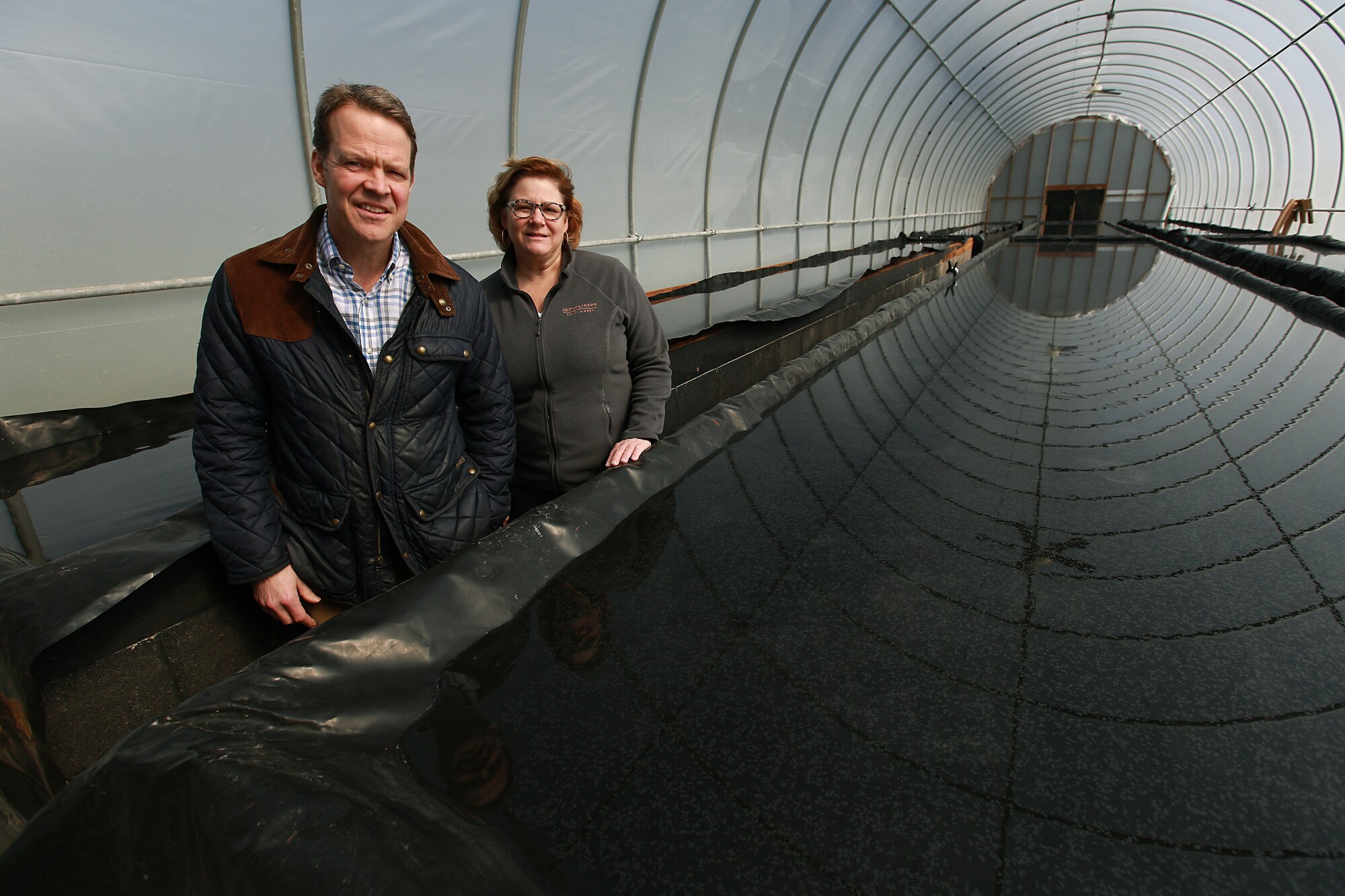 Nancy Bruns, chief executive and co-founder with her brother, Lewis Payne, of J.Q. Dickinson Salt-Works. A plastic cover in drying rooms helps to turn brine in salt crystals. 