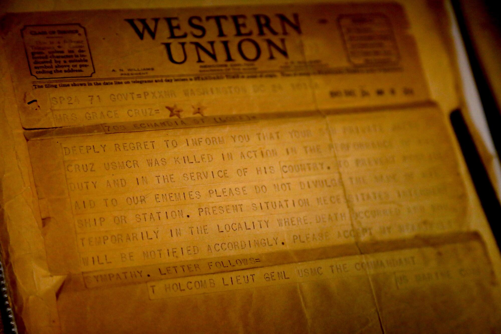 A Western Union telegram stating Jacob Cruz had been killed in battle while serving during World War II.