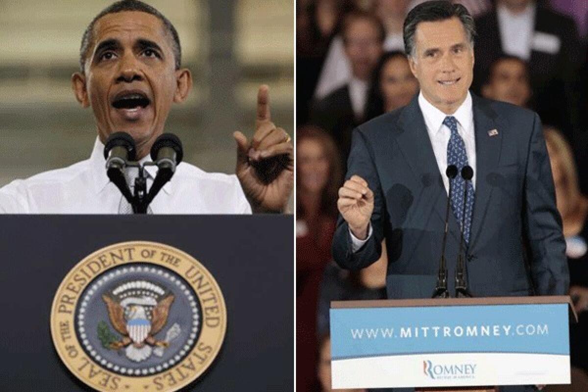 President Obama, left, speaks at the University of Michigan on Jan. 27. Republican presidential candidate Mitt Romney speaks to supporters after he was declared the winner of the Michigan Presidential Primary on Feb. 28.