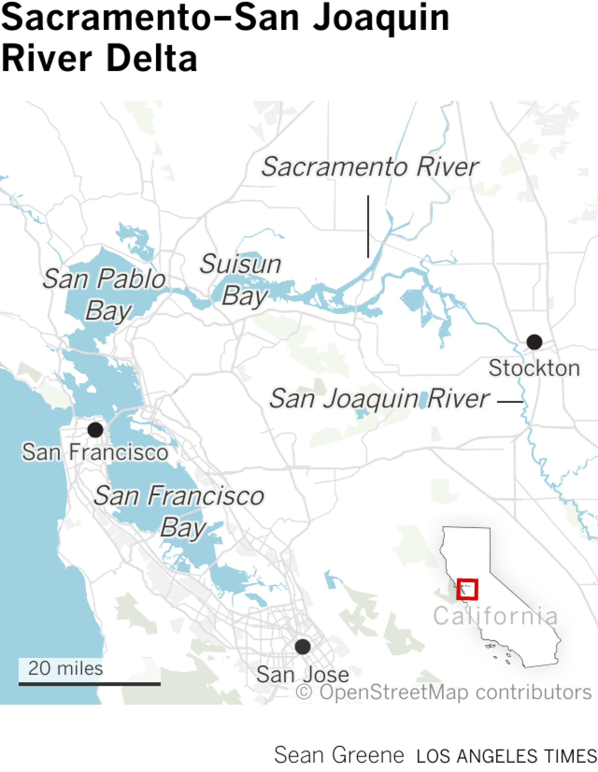 A map showing the Sacramento-San Joaquin River Delta, where the rivers meet a series of bays in the San Francisco area.