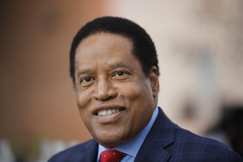 El Cajon, CA - JULY 25: Larry Elder was one of the speakers at "We Are Israel", a rally against antisemitism in El Cajon on Sunday, July 25, 2021. (K.C. Alfred / The San Diego Union-Tribune)