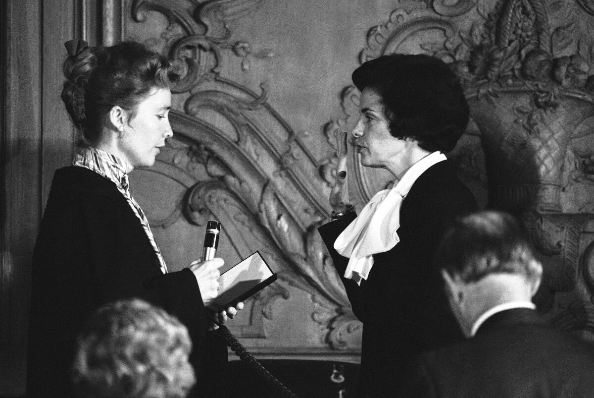 California Chief Justice Rose Bird administers the oath of office to Dianne Feinstein in San Francisco in 1978.