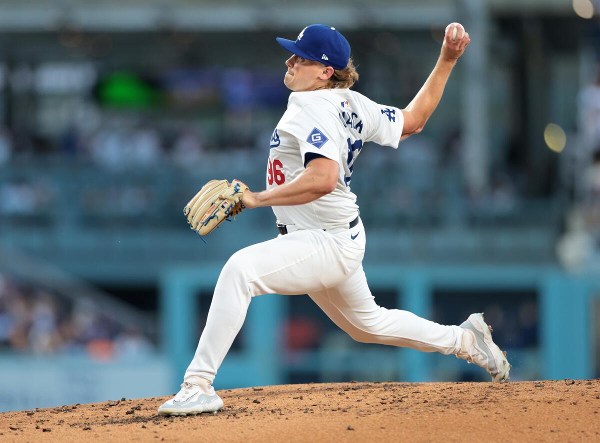 Dodgers pitcher Landon Knack delivers in the first inning against the Angels on Friday.