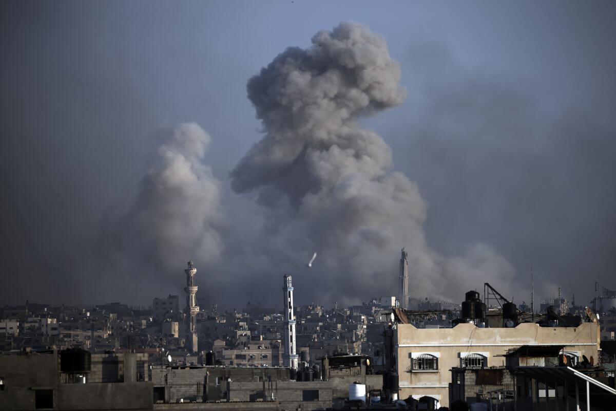 Smoke rises after Israeli bombardments in Khan Yunis, southern Gaza Strip.