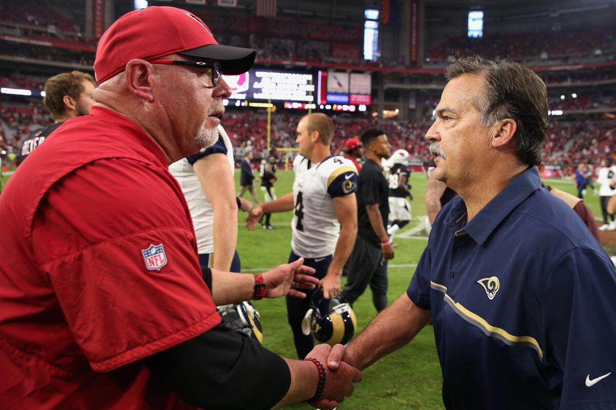Arizona Coach Bruce Arians, left, and Rams Coach Jeff Fisher are not exactly pals.