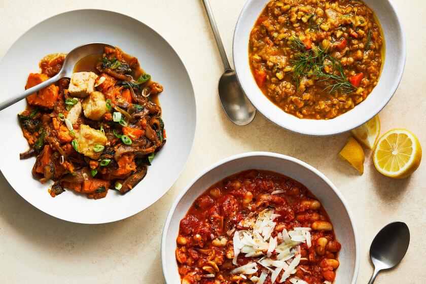 Clockwise from left: sweet potato-tofu stew, red lentil-barley stew and spicy tomato white bean stew.