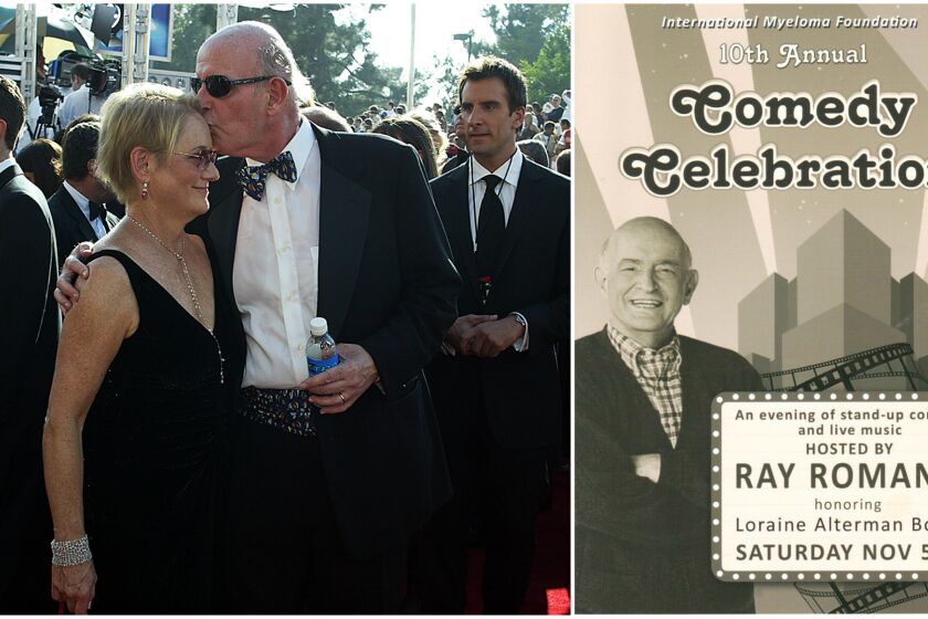 Loraine Alterman Boyle with husband Peter Boyle at the 55th Emmy Awards in 2000, left, and the invitation to the 10th annual fundraiser in his memory, right. To date the event has raised more than $5 million to fight myeloma.