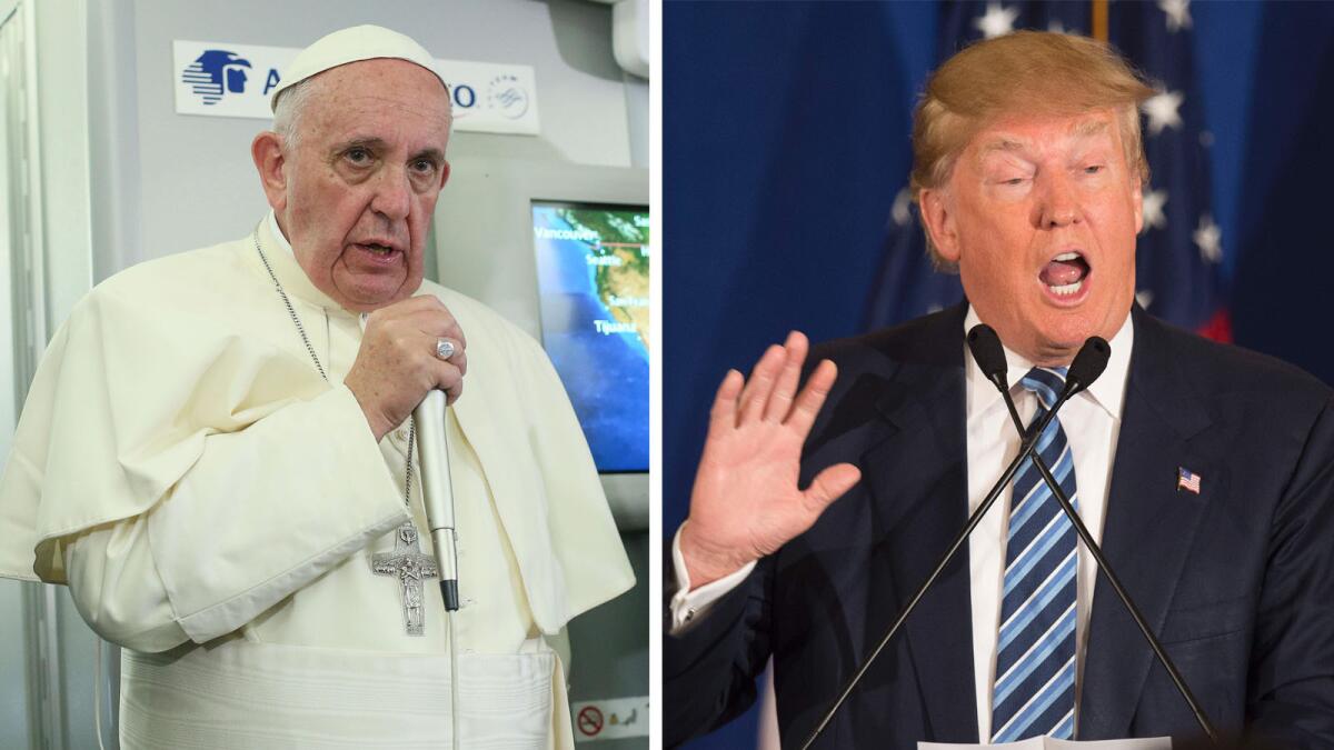 At left, Pope Francis meets journalists aboard the plane during the flight from Ciudad Juarez, Mexico, to Rome. He made comments suggesting Donald Trump, right, is "not Christian" if he wants to build a wall along the U.S. and Mexican border.