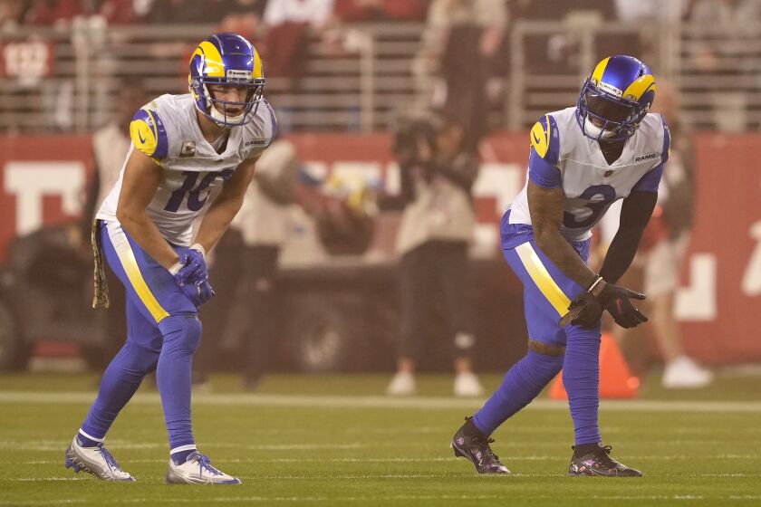 Los Angeles Rams wide receiver Cooper Kupp (10) and wide receiver Odell Beckham Jr. (3) line up against the San Francisco 49ers during the first half of an NFL football game in Santa Clara, Calif., Monday, Nov. 15, 2021. (AP Photo/Tony Avelar)