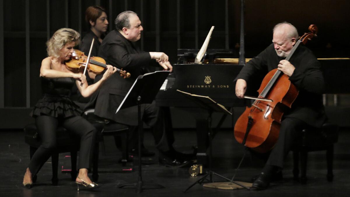 Violinist Anne-Sophie Mutter with pianist Yefim Bronfman and cellist Lynn Harrell at the Valley Performing Arts Center in Northridge on April 16, 2015.