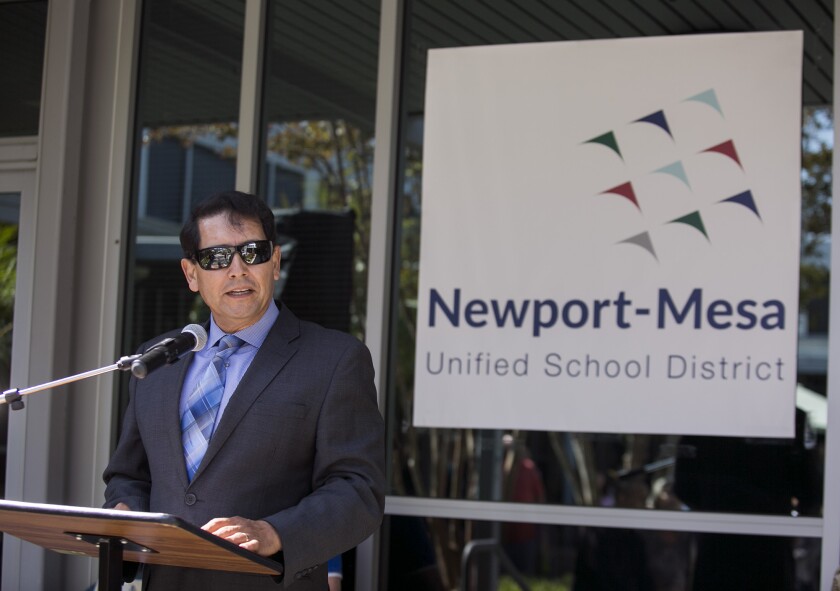 Dr. Fred Navarro speaks during a time capsule event at the Newport-Mesa Unified School District offices on June 2, 2017.