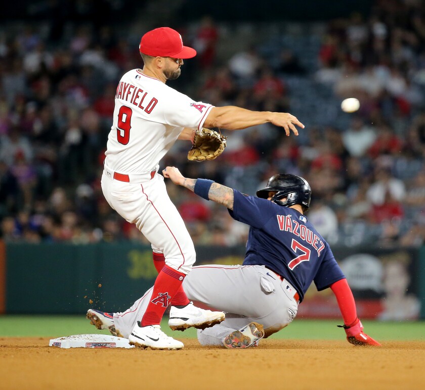 Angels second baseman Jack Mayfield gets the force out on Red Sox baserunner Christian Vasquez.