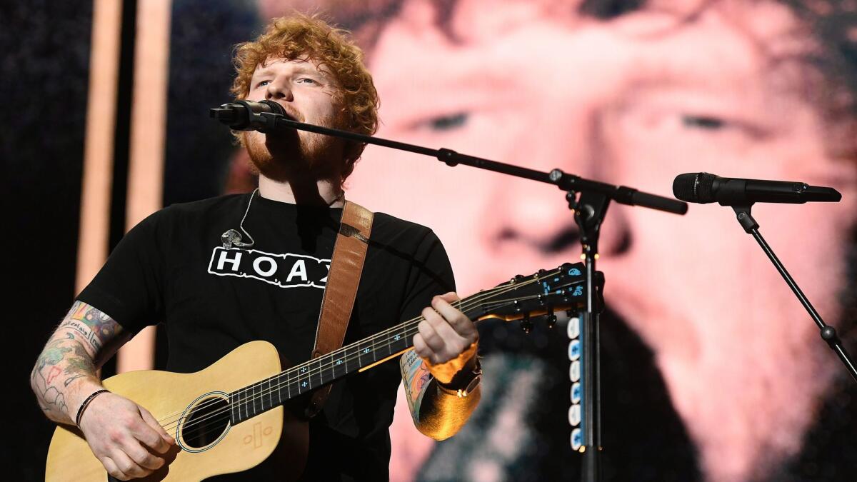 Ed Sheeran, seen performing at Staples Center in August, is likely to be among the artists nominated Tuesday for next year's Grammy Awards.