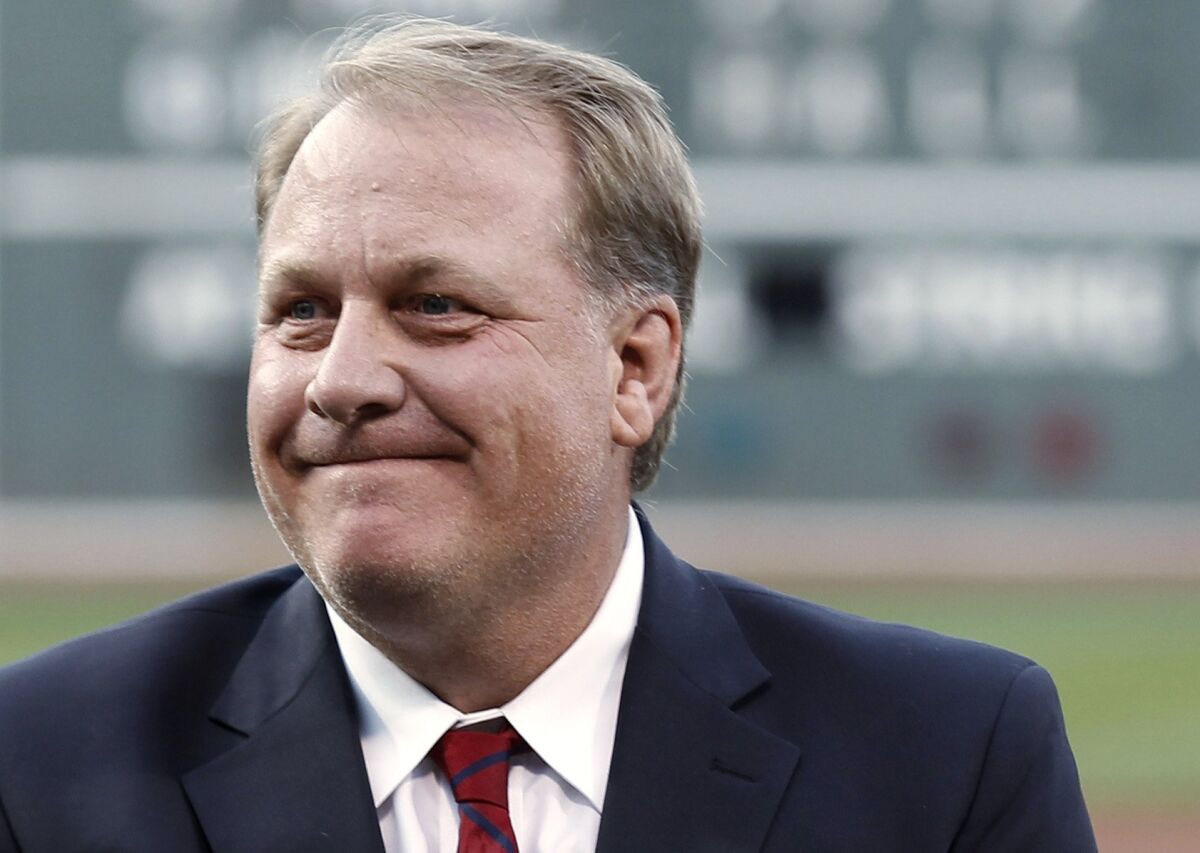 Curt Schilling is introduced as a new member of the Boston Red Sox Hall of Fame on Aug. 6, 2012.