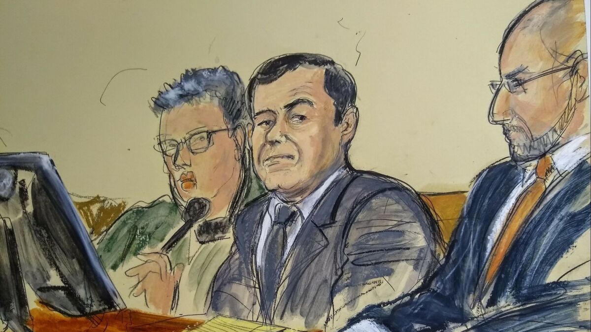 In this courtroom sketch, Joaquin "El Chapo" Guzman, center, listens as a prosecutor delivers closing arguments Wednesday during his federal trial in New York. The defense made its closing arguments Thursday.