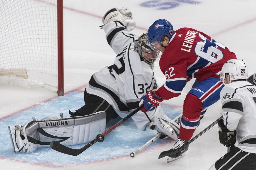 Montreal's Artturi Lehkonen attempts a shot against Kings goalkeeper Jonathan Quick during their game Nov. 9, 2019.