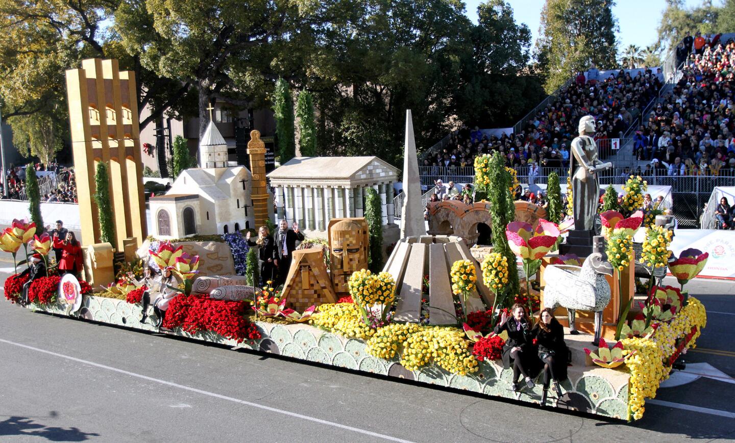 The American Armenian Rose Float Assn. float heads down Orange Grove Avenue during the 2016 Rose Parade in Pasadena on Friday, Jan. 1, 2016.