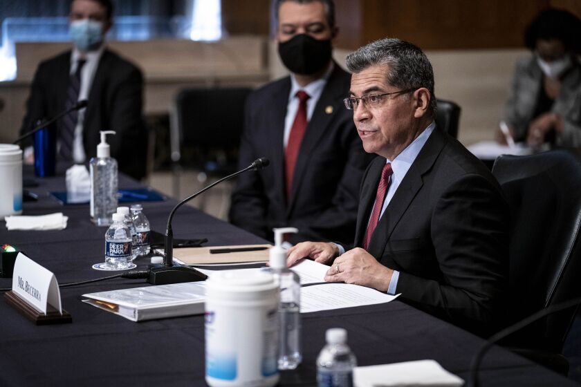 Xavier Becerra speaks during his confirmation hearing to be Secretary of Health and Human Services before the Senate Health, Education, Labor and Pensions Committee, Tuesday, Feb. 23, 2021 on Capitol Hill in Washington. (Sarah Silbiger/Pool via AP)