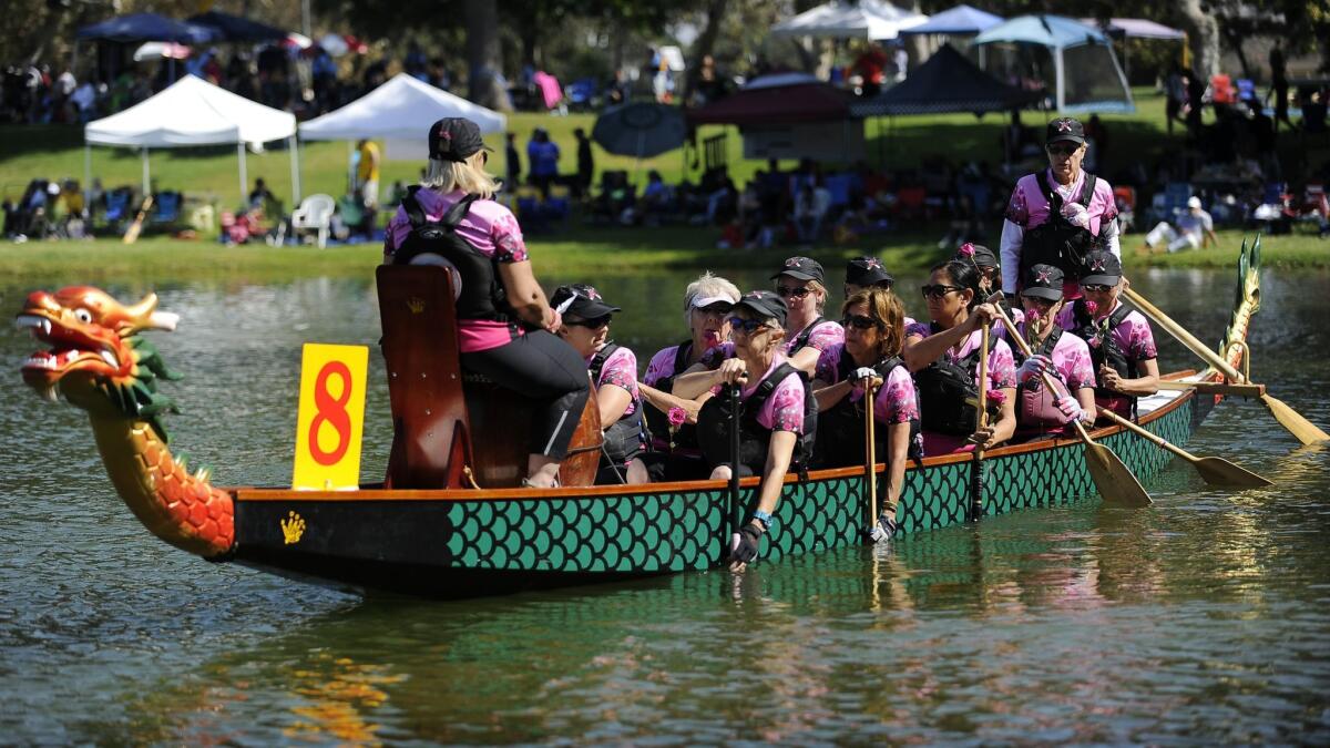 Dragon boat racing is a team effort, and there are many area teams to choose from as you try to find a fit for your goals. The Los Angeles Pink Dragons, above, are breast cancer survivors.