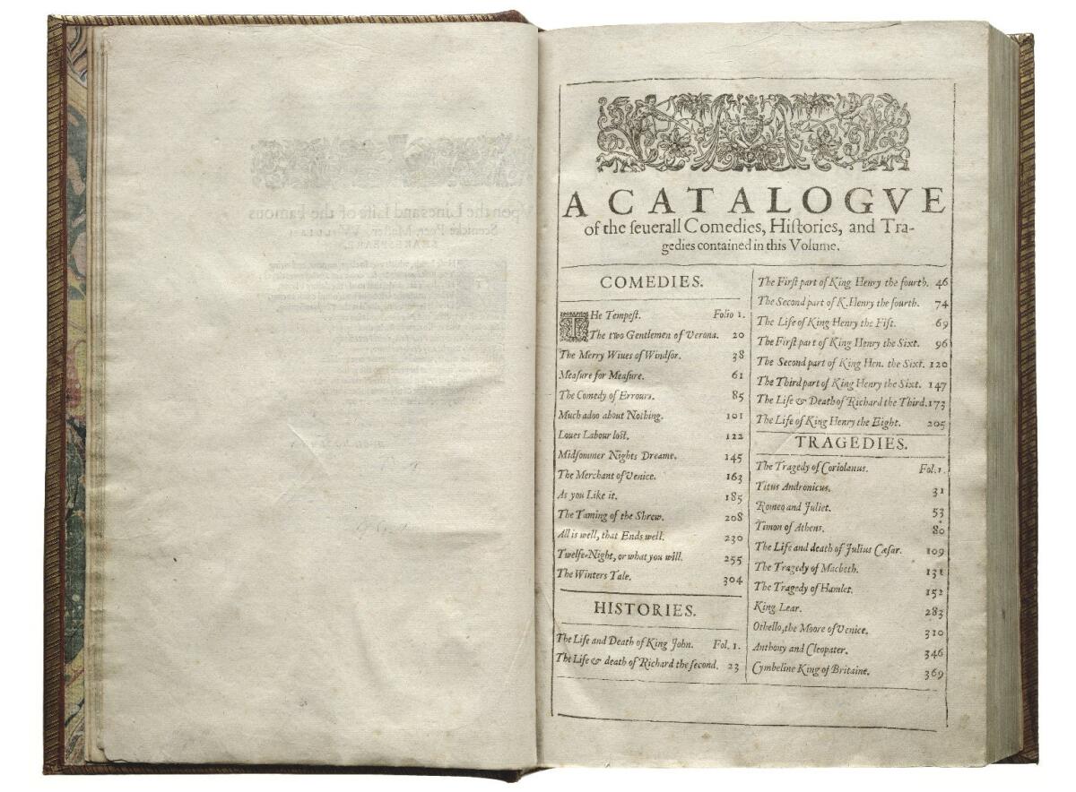 Table of contents in the Shakespeare First Folio. (Folger Shakespeare Library)