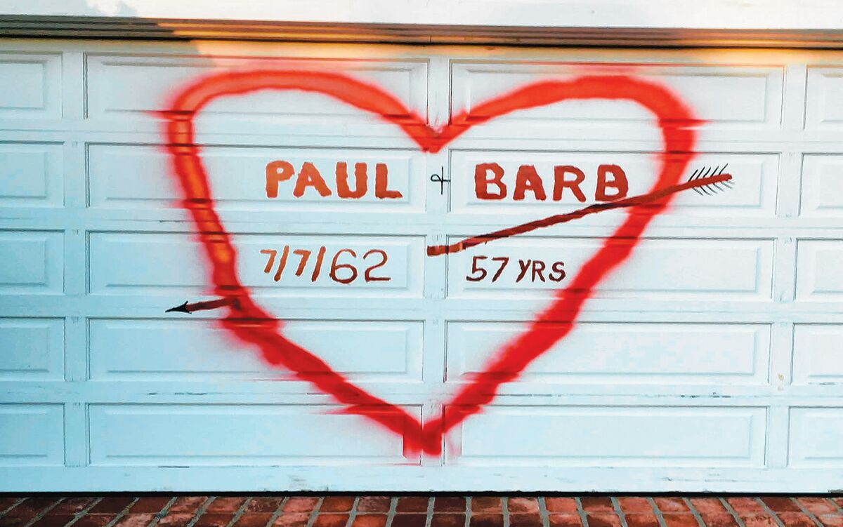 PAUL LOVES BARB: I’m not sure if this is of interest to La Jolla Light or not, but I thought it was too fun not to share! My parents — Paul and Barbara Holz — were both born and raised in La Jolla and were La Jolla High School sweethearts and graduates. For Valentine's Day, my dad spray-painted a message to my mom! They already had plans to paint the garage door next week, so the holiday was perfect timing! When she saw it, my mom was shocked, laughed hysterically, and then I’m sure she cried a bit. Hope readers enjoy the picture! — Submitted by Jennifer Schulz
