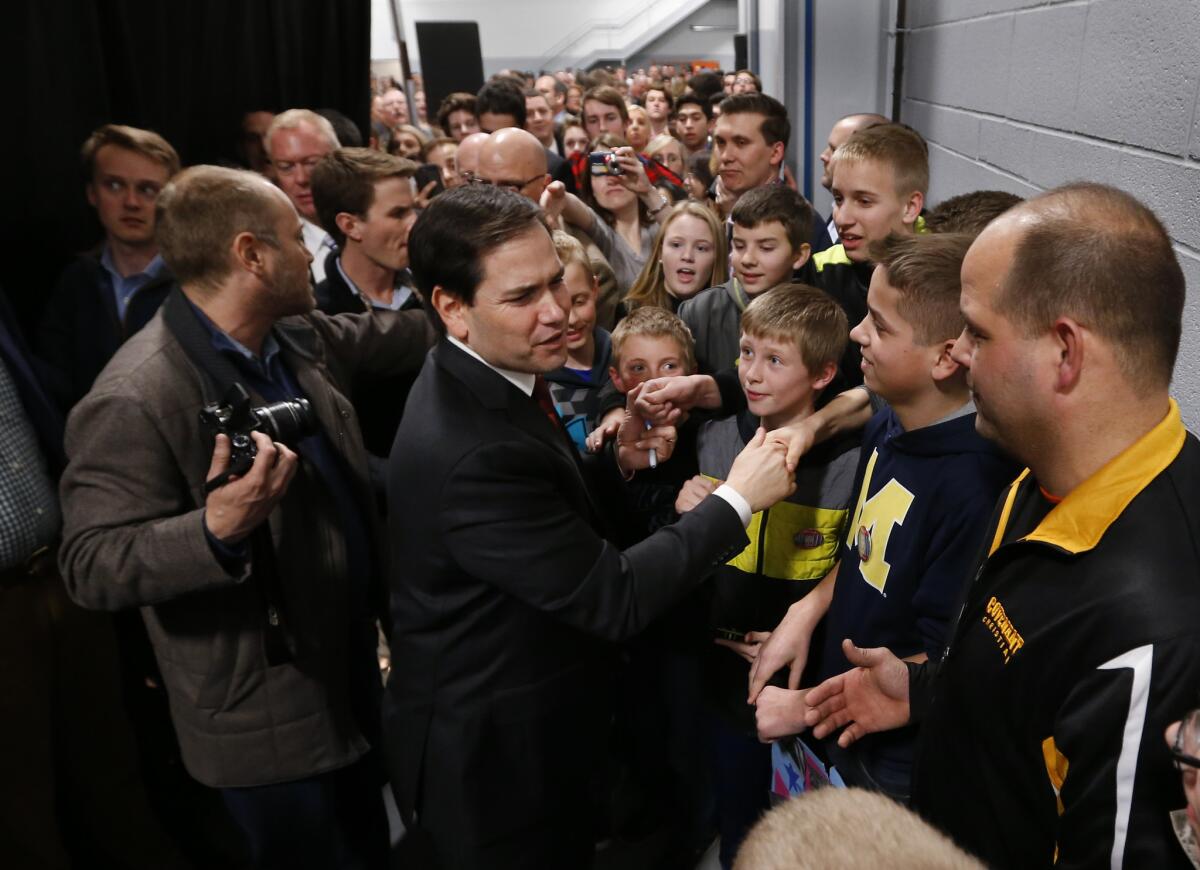 Marco Rubio, who appeared earlier in the day in Las Vegas, campaigns in Kentwood, Mich.