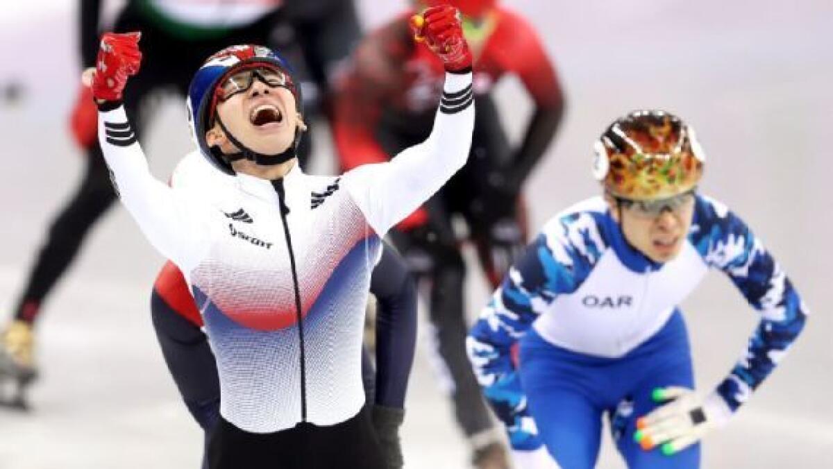 South Korean speedskater Lim Hyo-jun celebrates his victory in the men's 1,500-meter short track.