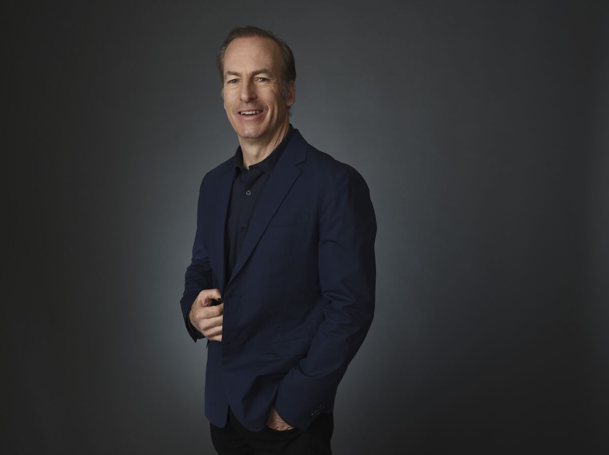 FILE - In this Thursday, Jan. 16, 2020, file photo, Bob Odenkirk, star of the AMC drama series "Better Call Saul," poses for a portrait during the 2020 Winter Television Critics Association Press Tour, in Pasadena, Calif. Odenkirk is back shooting “Better Call Saul," six weeks after having a heart attack. Odenkirk on Wednesday, Sept. 8, 2021, tweeted a photo of himself getting made up to play title character Saul Goodman in the AMC series, indicating that shooting had resumed on its sixth and final season. (AP Photo/Chris Pizzello)