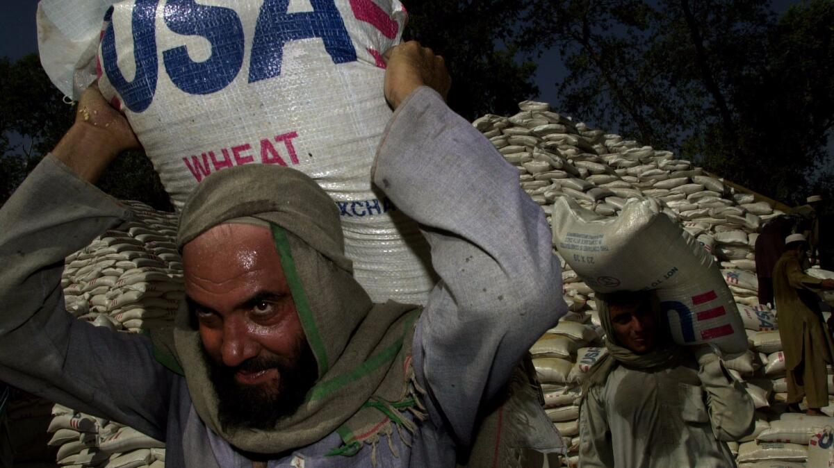 Workers at a U.N. depot in Peshawar, Pakistan, load sacks of wheat onto a truck bound for Afghanistan, in this October 2001 file photo.