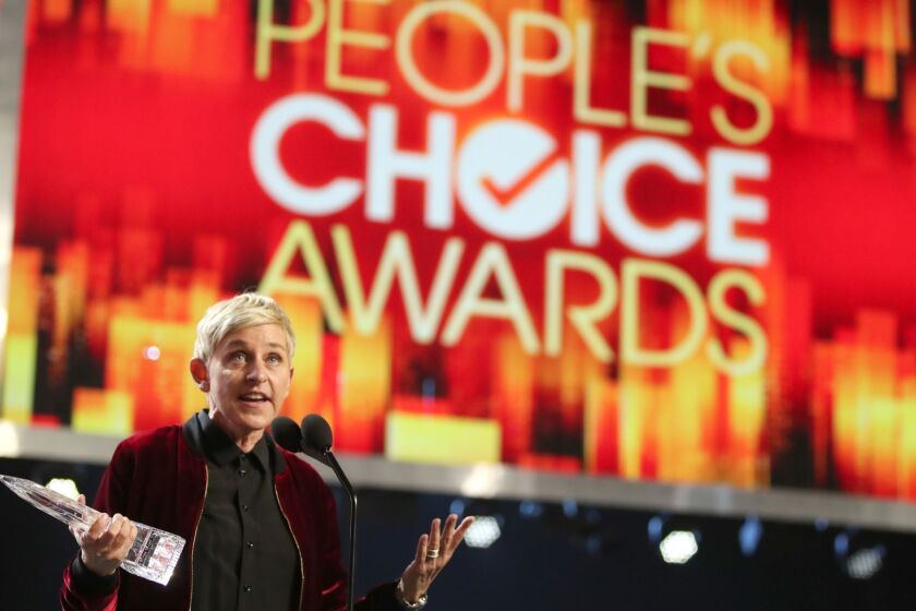 LOS ANGELES, CA - JANUARY 18: TV personality/actress Ellen DeGeneres accepts the awards for Favorite Animated Movie Voice for 'Finding Dory' as Dory, Favorite Daytime TV Host, and Favorite Comedic Collaboration for 'Ellen DeGeneres and Britney Spears' Mall Mischief' onstage during the People's Choice Awards 2017 at Microsoft Theater on January 18, 2017 in Los Angeles, California. (Photo by Christopher Polk/Getty Images for People's Choice Awards)