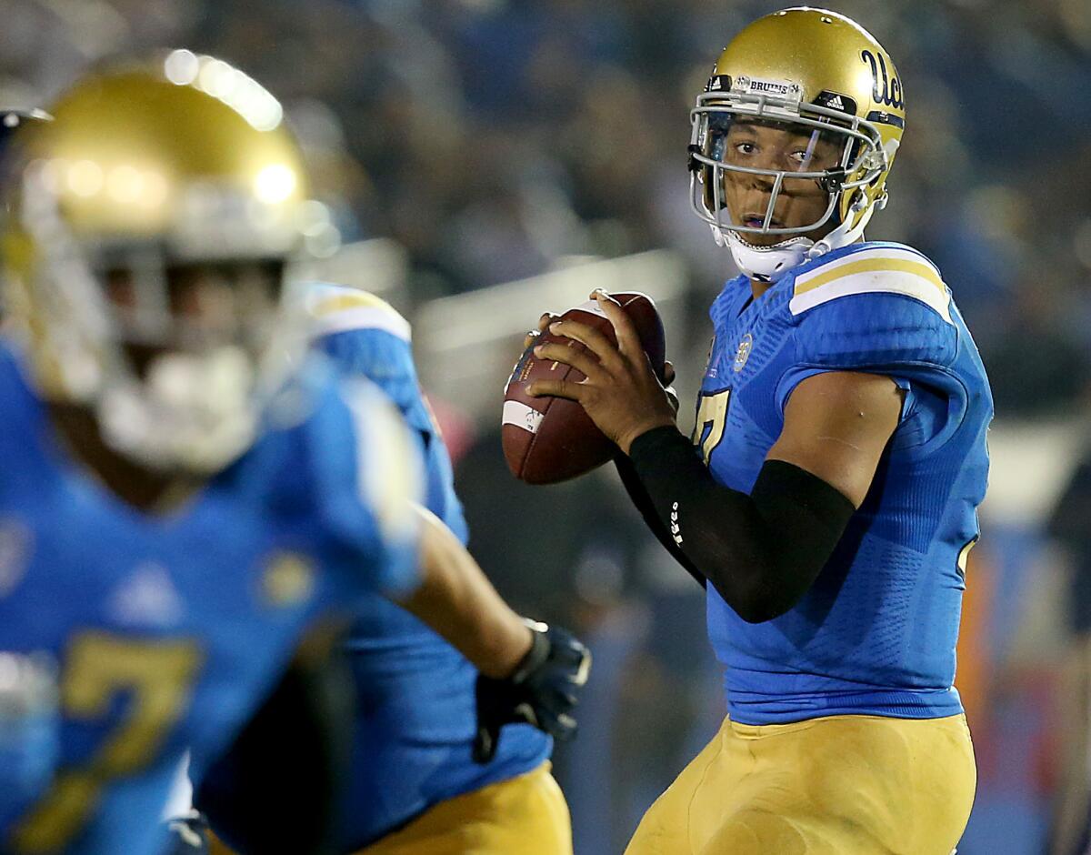 Time Warner Cable has added new channels showcasing Pac-12 Conference sports available to subscribers in Los Angeles. Pictured: UCLA quarterback Brett Hundley leads the Bruins against Cal on Oct. 12, 2013, at the Rose Bowl in Pasadena.