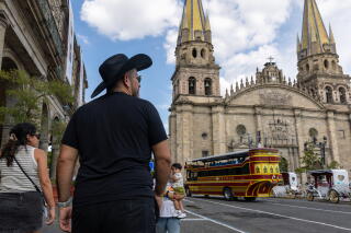 A man, seen from behind, looks toward a majestic cathedral with two spires