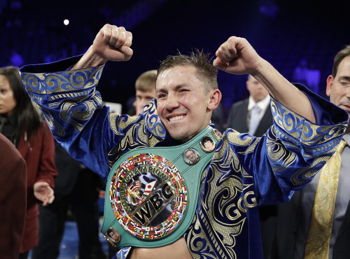 Gennady Golovkin reacts following a middleweight title against Canelo Alvarez, in Las Vegas. Golovkin will return to the ring in June after signing a multiyear deal Friday, March 8, 2019, with DAZN, which gives him the possibility of a third fight with Alvarez. No date or opponent was announced for the fight, which will be Golovkin's first since being edged by Alvarez last September in their second bout after they fought to a draw in the first one.