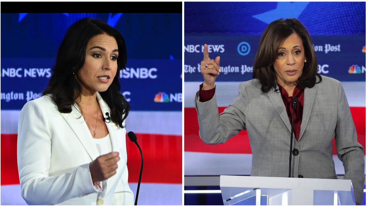 Rep. Tulsi Gabbard of Hawaii, left, and California Sen. Kamala Harris sparred during a Democratic presidential debate in November.