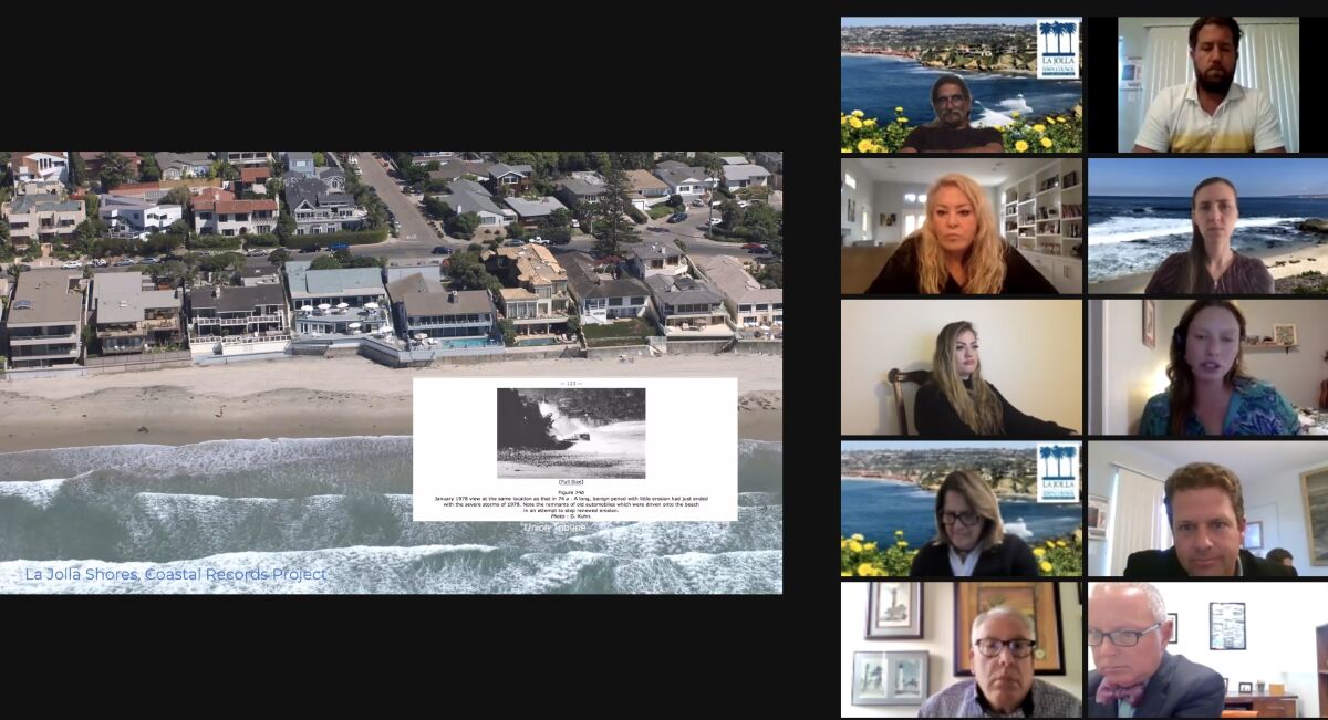 Laura Walsh (right, center) of Surfrider Foundation San Diego County discusses strategies to combat sea-level rise.
