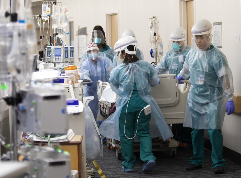 Doctors and nurses with a patient in mid-December at Providence Saint John's Health Center in Santa Monica.