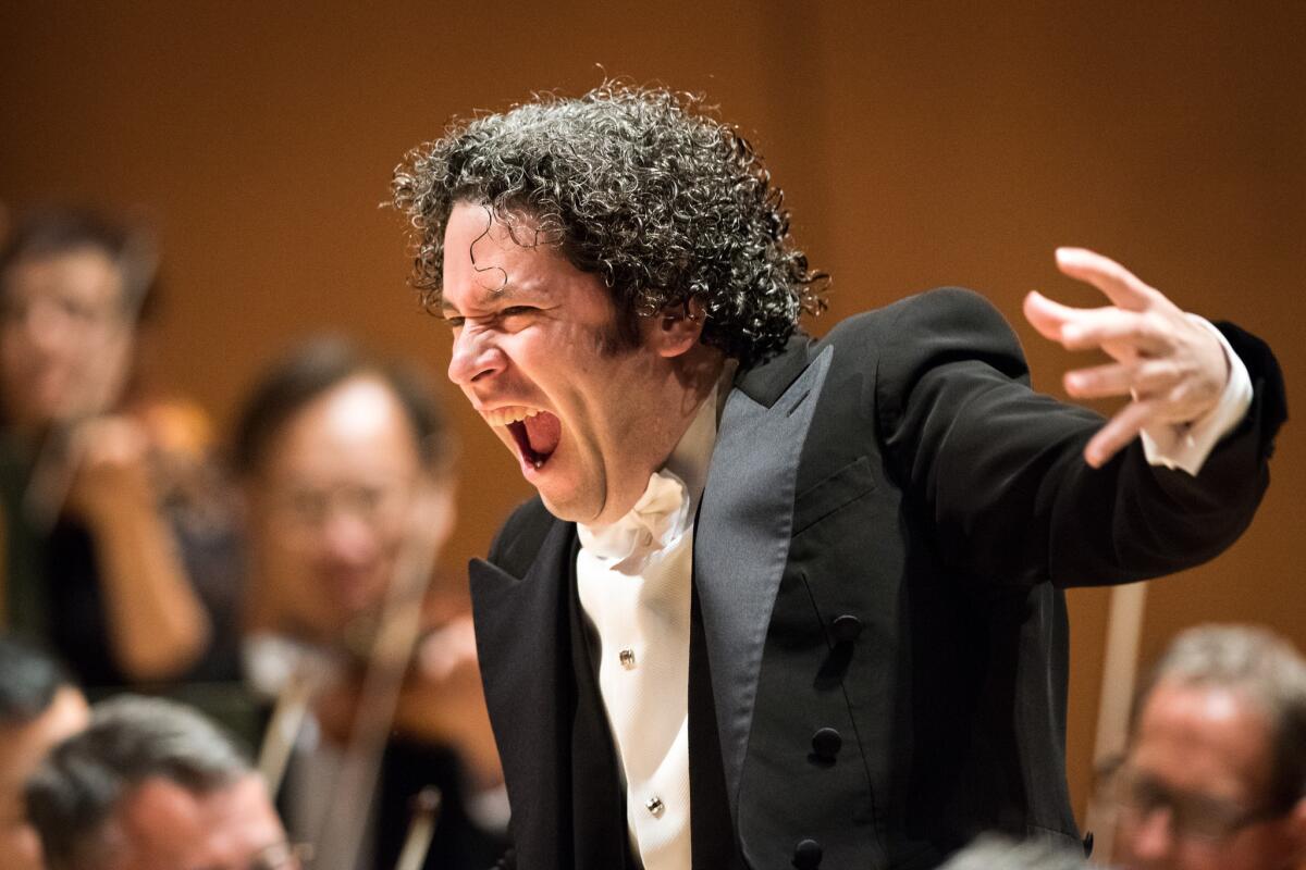 Gustavo Dudamel conducts the Los Angeles Philharmonic in Kodaly's "Dances of Galanta" at Walt Disney Concert Hall Thursday night.