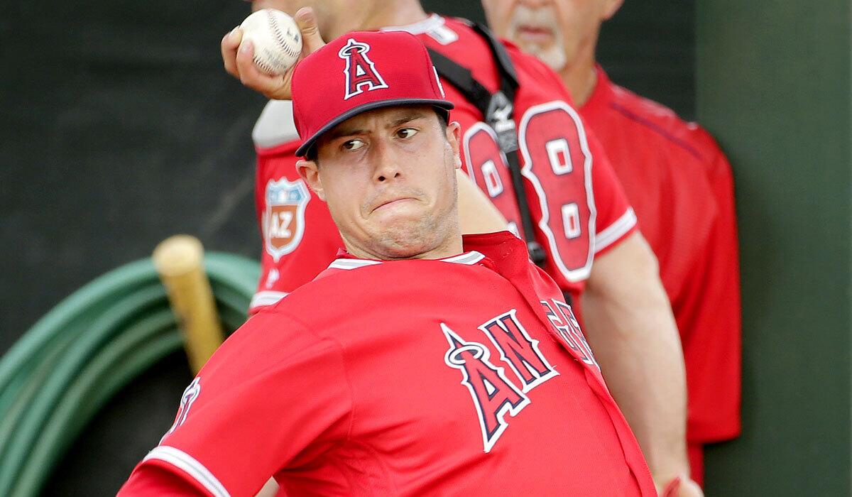 Tyler Skaggs, shown during spring training, gives a strong effort at triple-A Salt Lake, giving the Angels an option to replace the injured Nick Tropeano in the rotation.