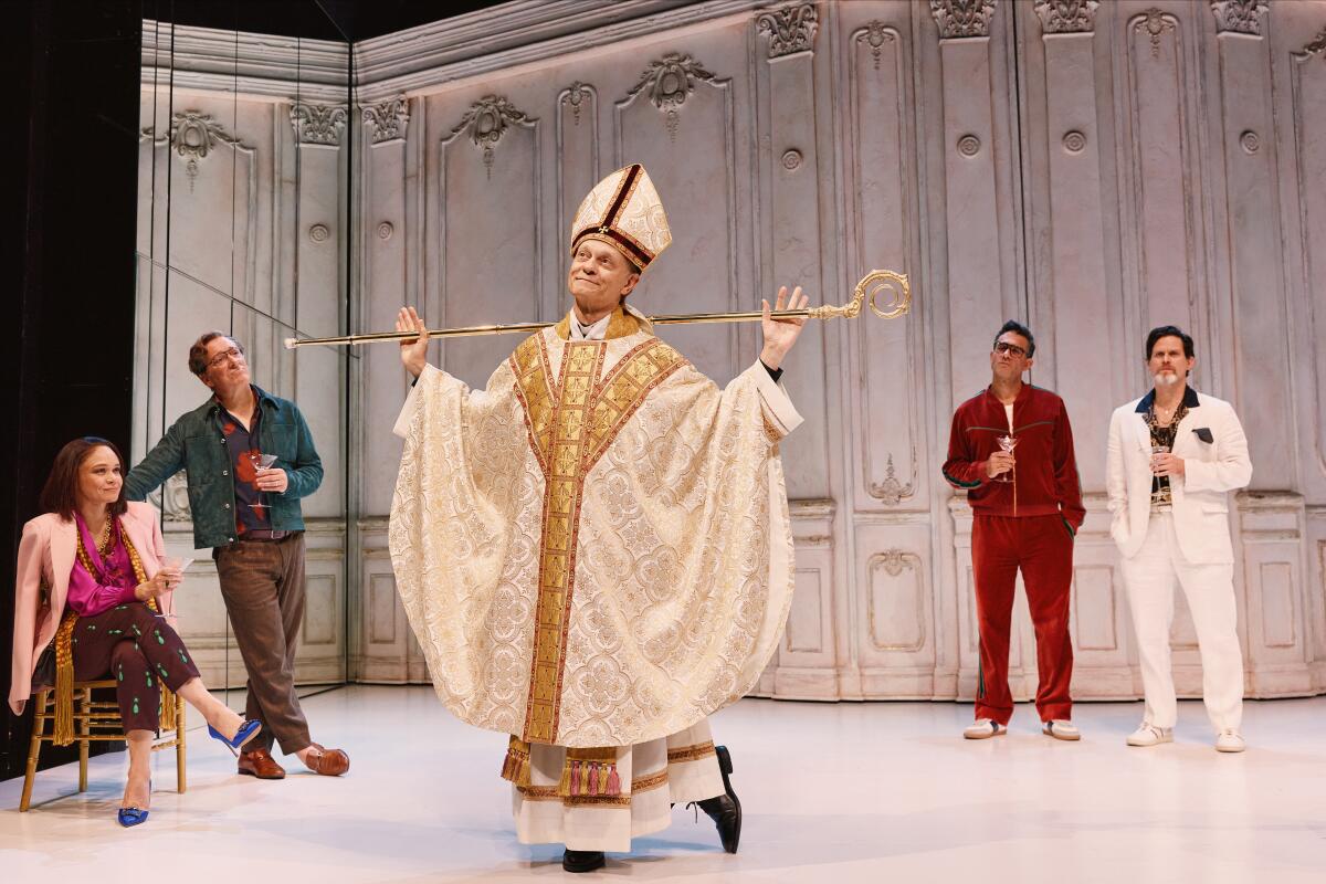 Performs, including one dressed as a bishop, in a production of the musical "Here We Are." 
