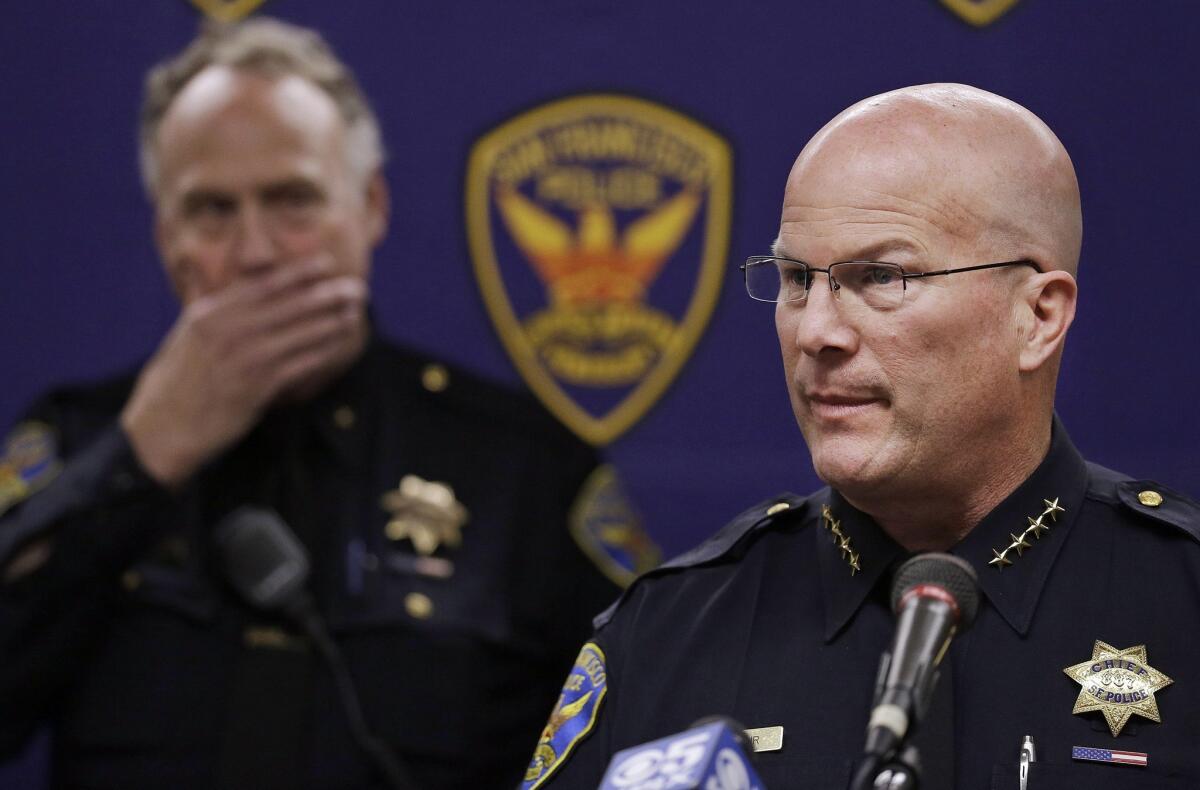 San Francisco Police Chief Greg Suhr speaks at a news conference Thursday regarding his department's investigation into the stabbing death of a Dodgers fan near AT&T; Park in San Francisco.