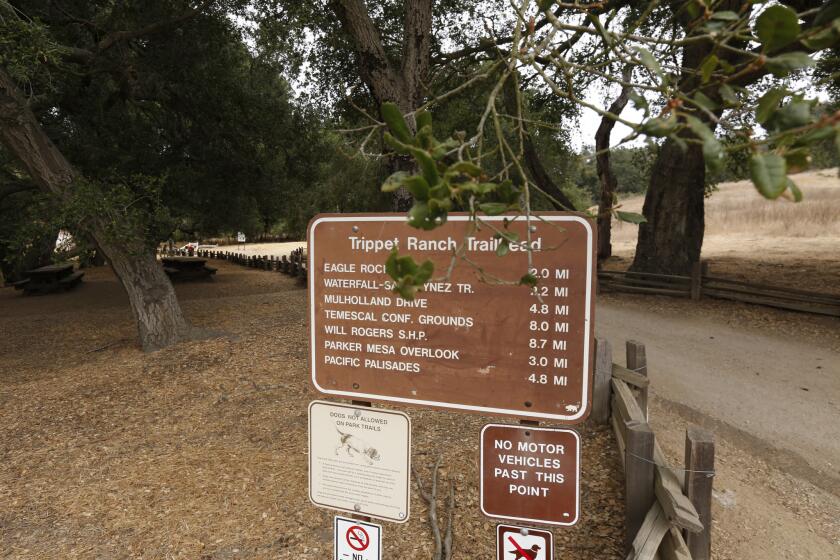 This is the start of Topanga Canyon's Trippet Ranch trail. This popular walk in the Santa Monica Mountains offers cool canyon trails and glorious ocean views.