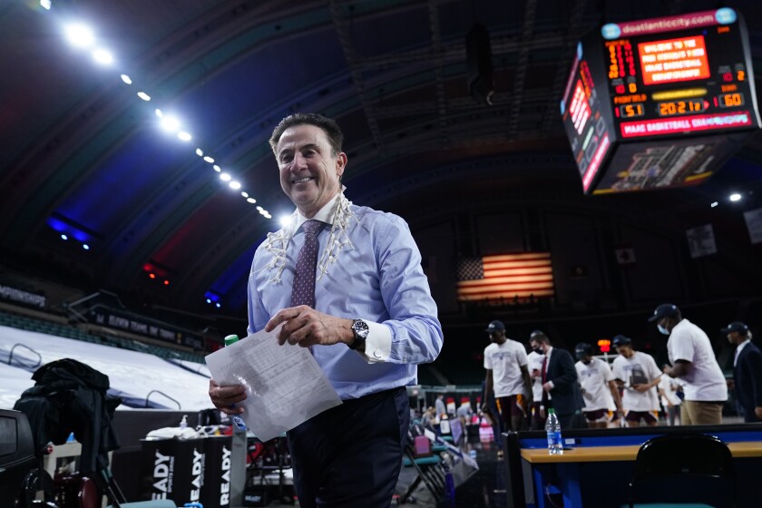 Iona head coach Rick Pitino walks off the court after Iona won an NCAA college basketball game against Fairfield during the finals of the Metro Atlantic Athletic Conference tournament, Saturday, March 13, 2021, in Atlantic City, N.J. (AP Photo/Matt Slocum)