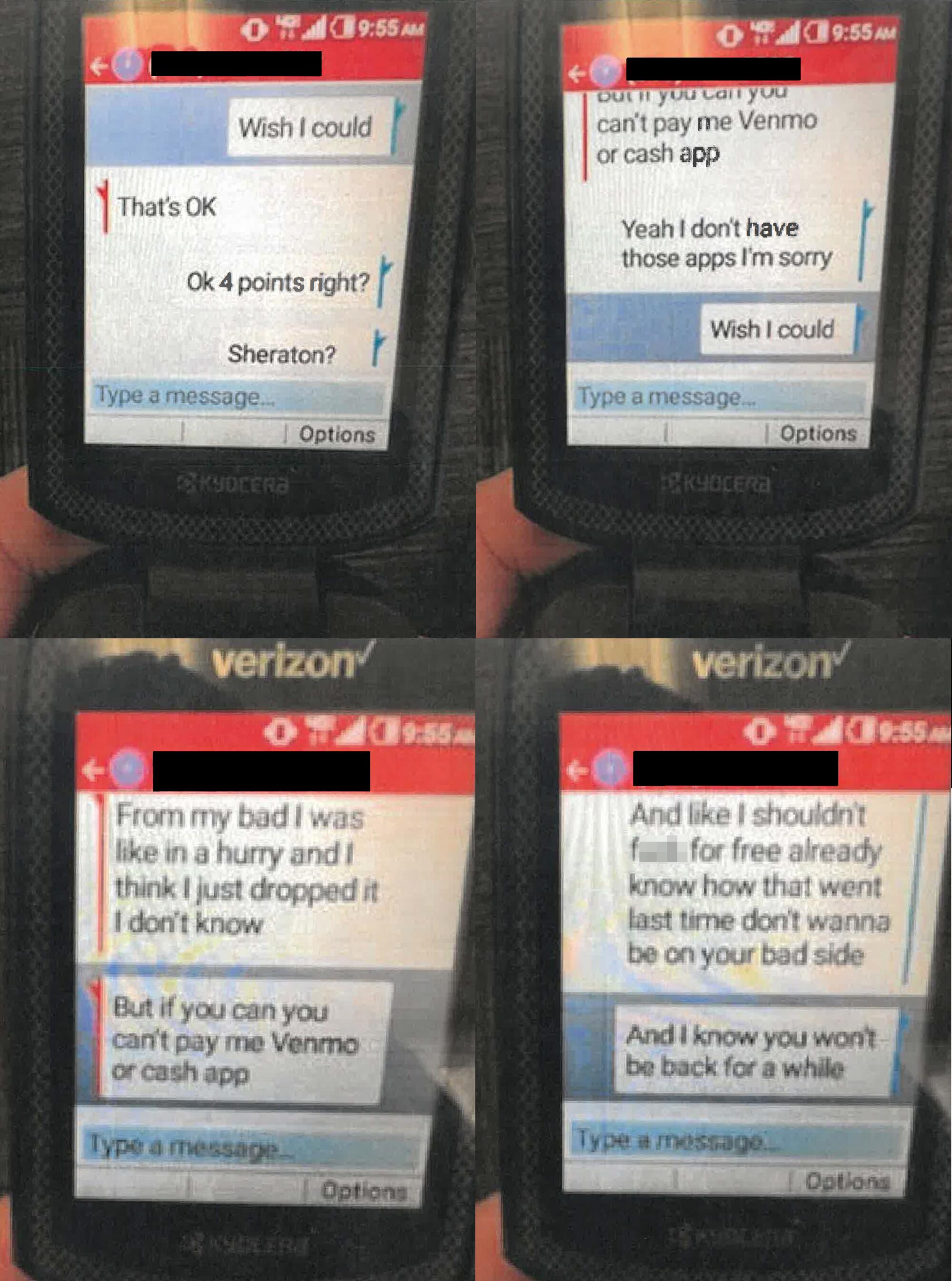 A series of text messages on a flip-phone screen regarding a solicitation for sex.