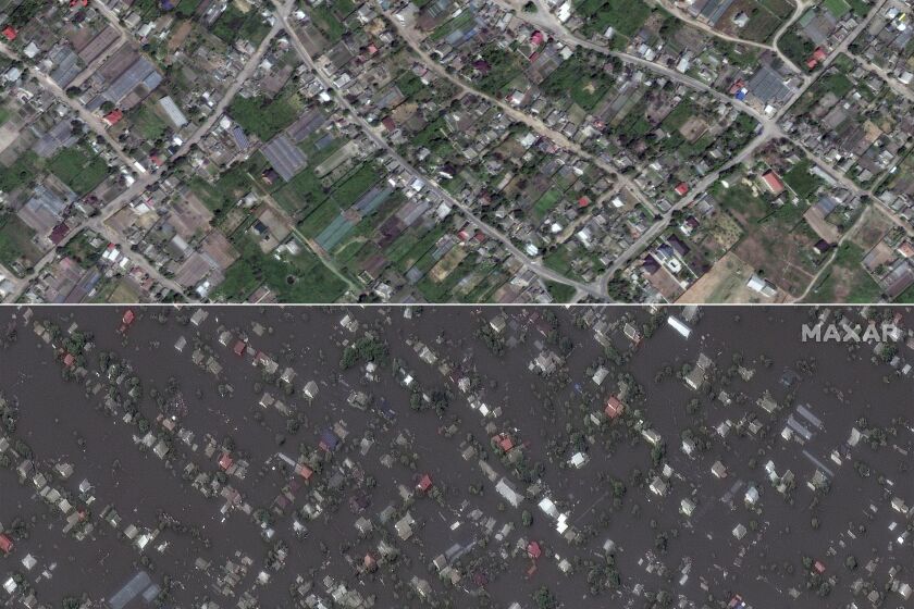 This combination of photos provided by Maxar Technologies, shows Oleshky, Ukraine before flooding, on May 15, 2023, top, and after flooding, on June 7, 2023. (Satellite image ©2023 Maxar Technologies via AP)