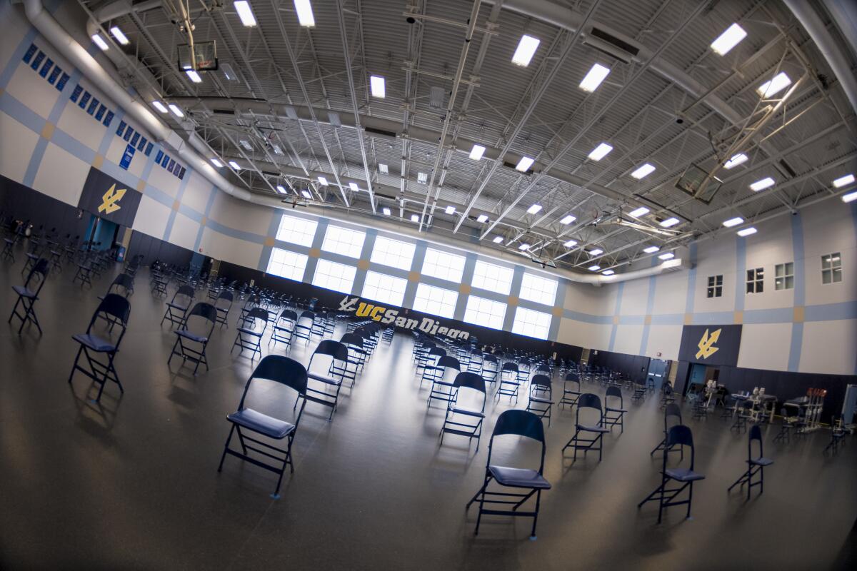 Chairs are spaced for COVID-19 vaccine recipients inside the new vaccination center at UC San Diego's RIMAC arena.