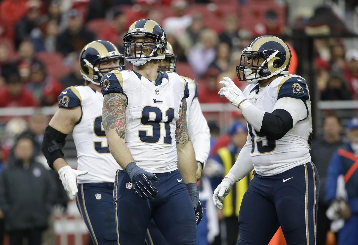 Defensive end Chris Long (91) had one tackle and sacked San Francisco quarterback Blaine Gabbert during the Rams' season-ending loss to the 49ers, 19-16, in overtime on Jan. 3.