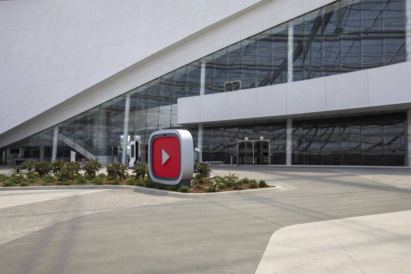 Inglewood, CA - July 23- A giant play button is outside of the new YouTube Theater, a 6,000 seat performance venue 
